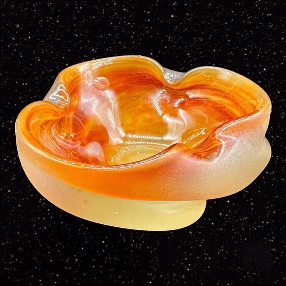 Vintage Czech Bohemian Glass Ashtray 1950s Hand Made Orange Bowl 5”W 2”T - Picture 13 of 16